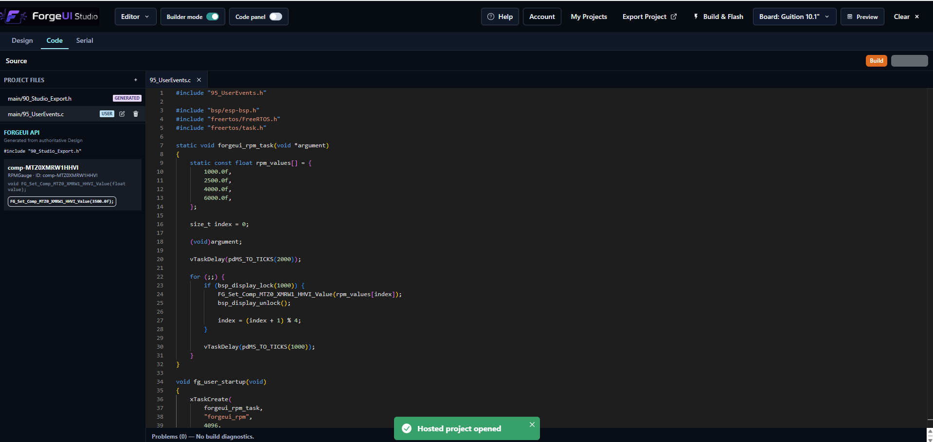 ForgeUI Code workspace showing ESP-IDF C source, a file tree and multiple editor tabs